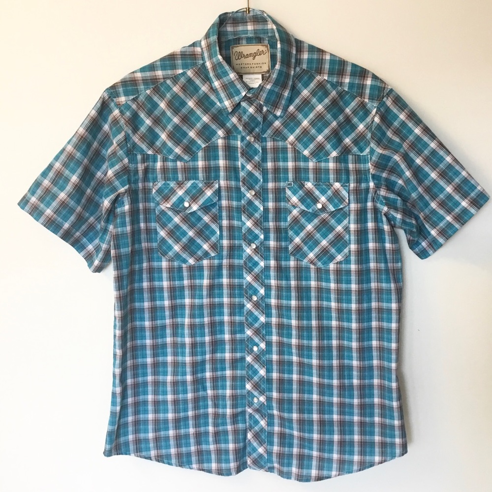Wrangler Short Sleeve Pearl Snap Front Western Plaid Shirt - Blue/Brown - L